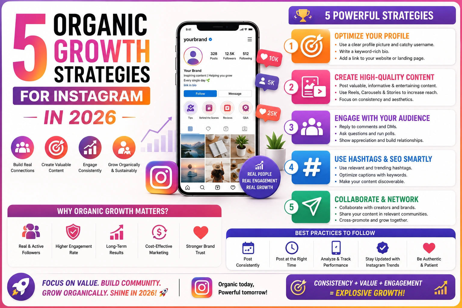 5 organic Instagram growth strategies infographic explaining profile optimization, high-quality content creation, Instagram SEO, hashtag strategy, audience engagement, Reels, and sustainable follower growth tips for 2026.