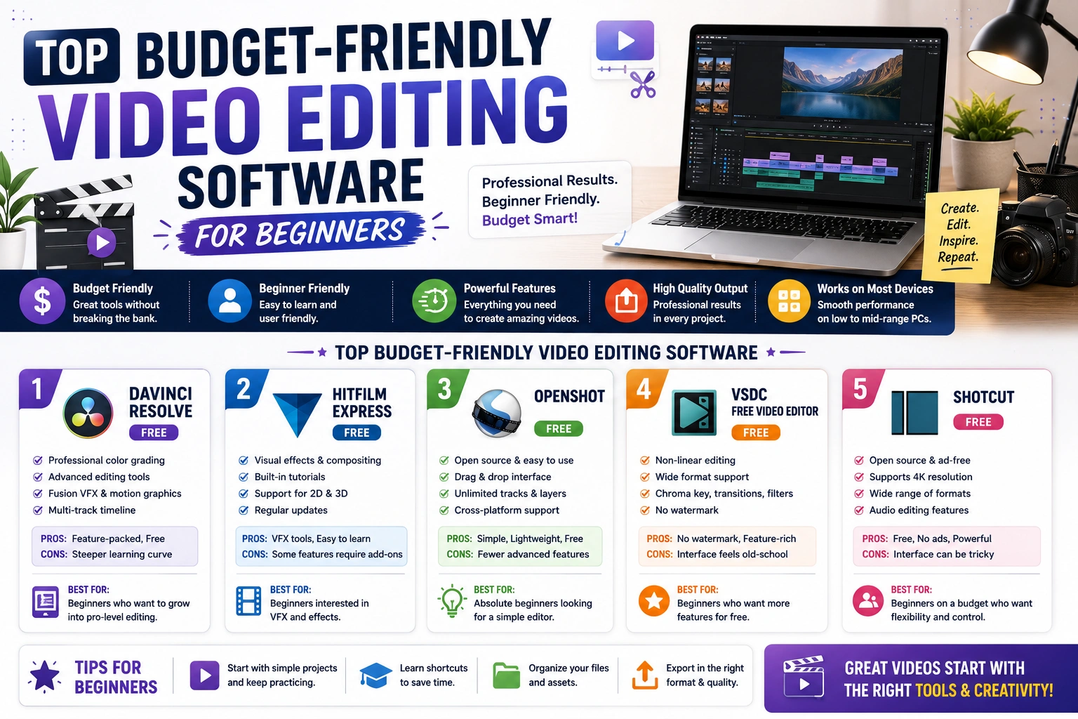 Top budget-friendly video editing software infographic featuring beginner-friendly video editors, free and affordable editing tools, video production software, editing features, and the best budget video editing solutions for content creators in 2026.